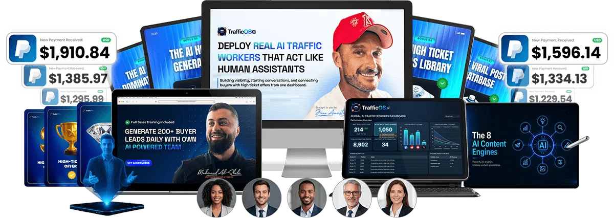 TrafficOS AI review: dashboard, AI traffic workers, and launch bonuses displayed across desktop and mobile devices